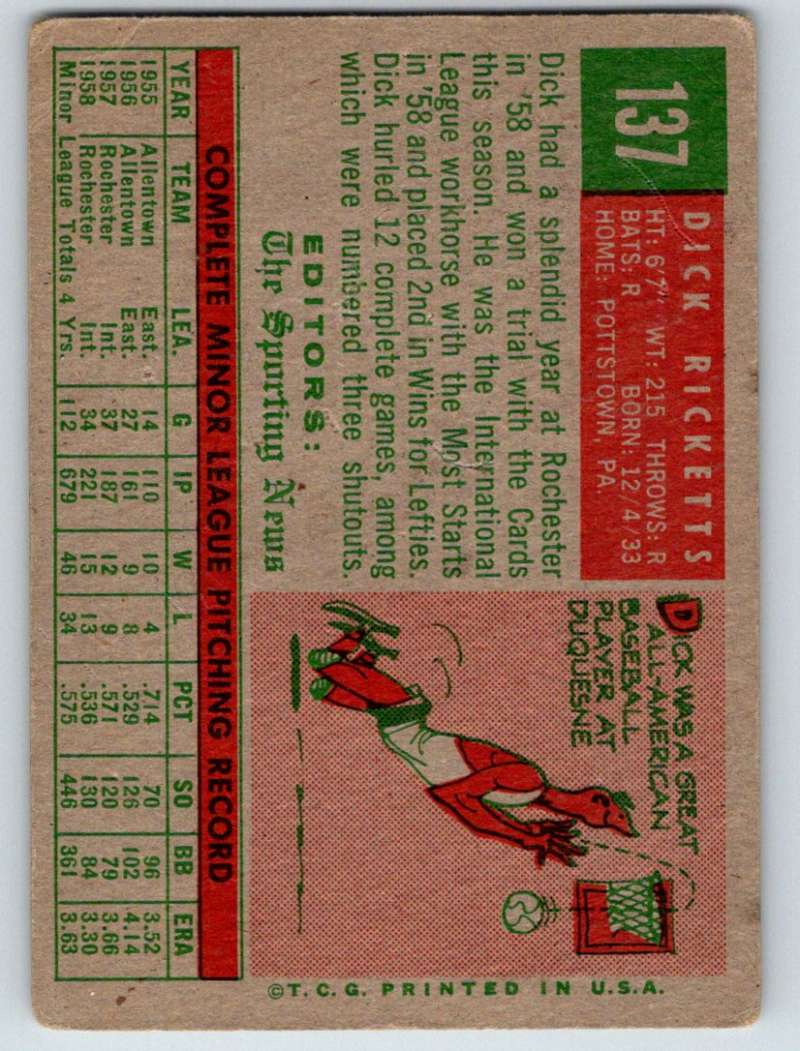 1959 Topps #137 Dick Ricketts RC Rookie Cardinals 3604 Image 2