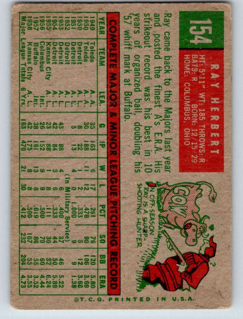 1959 Topps #154 Ray Herbert Athletics UER 3609 Image 2