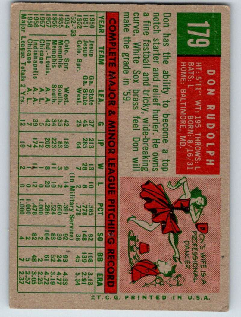 1959 Topps #179 Don Rudolph White Sox 3612 Image 2