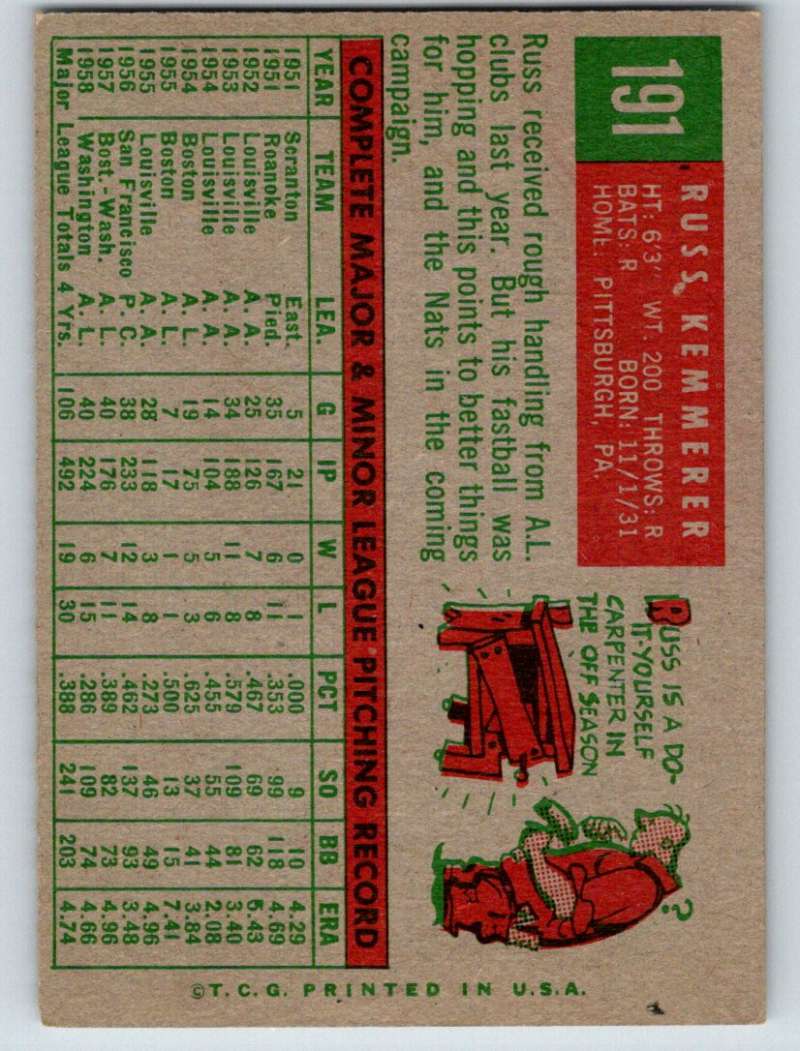 1959 Topps #191 Russ Kemmerer Senators 3615 Image 2