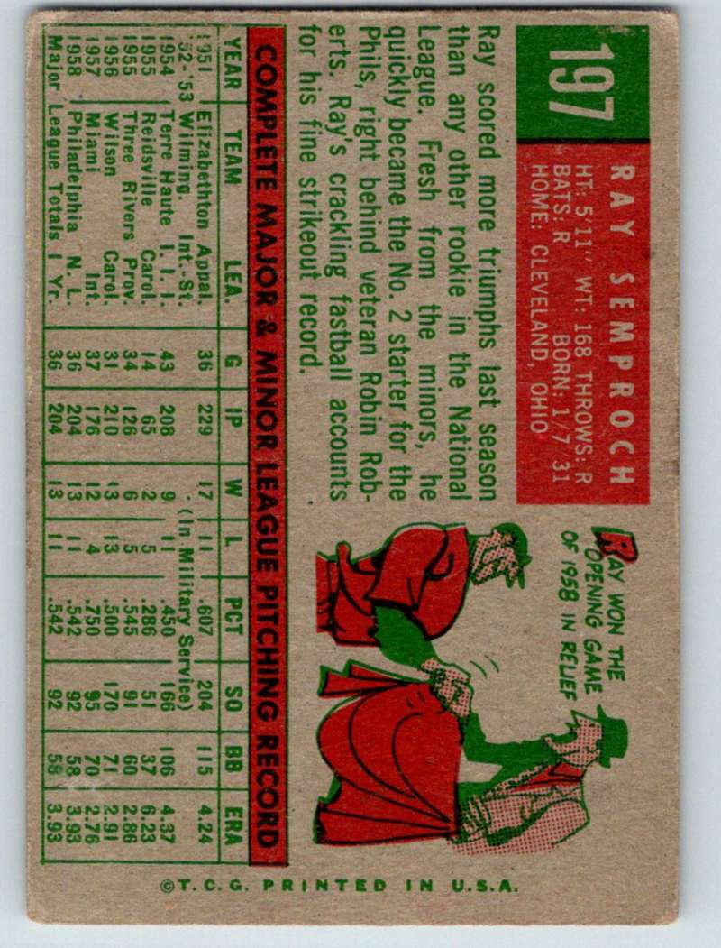 1959 Topps #197 Ray Semproch Phillies 3616 Image 2