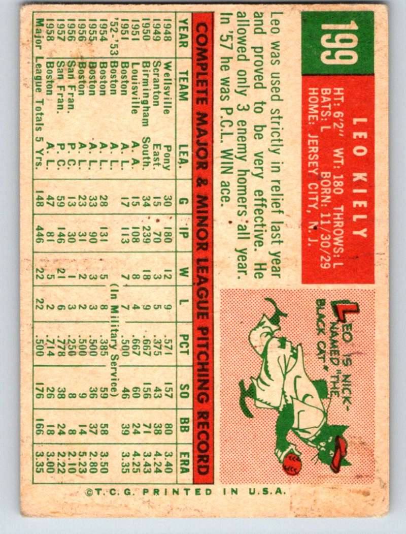 1959 Topps #199 Leo Kiely Red Sox 3618 Image 2