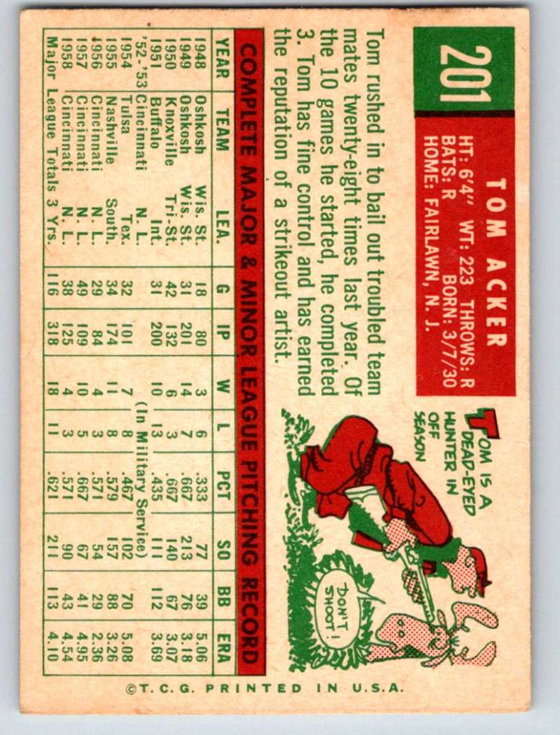 1959 Topps #201 Tom Acker Reds 3619 Image 2