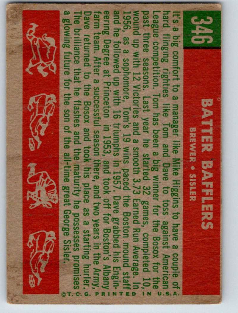 1959 Topps #346 Tom Brewer/Dave Sisler Red Sox Batter Bafflers 3632 Image 2