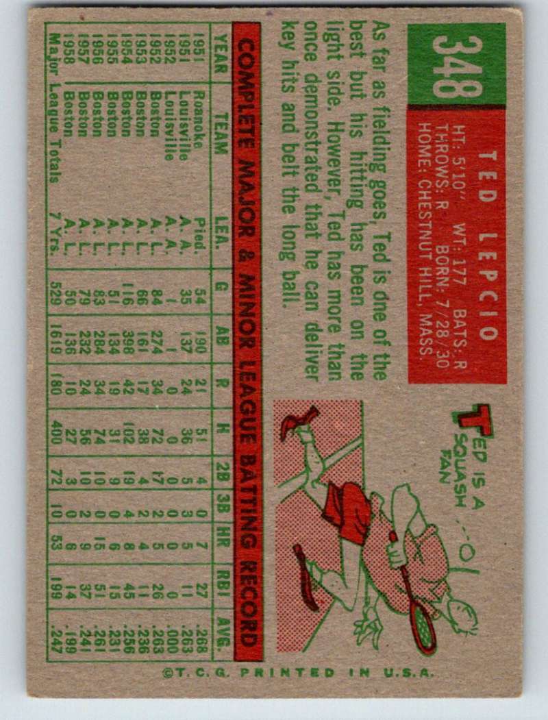 1959 Topps #348 Ted Lepcio Red Sox 3633 Image 2