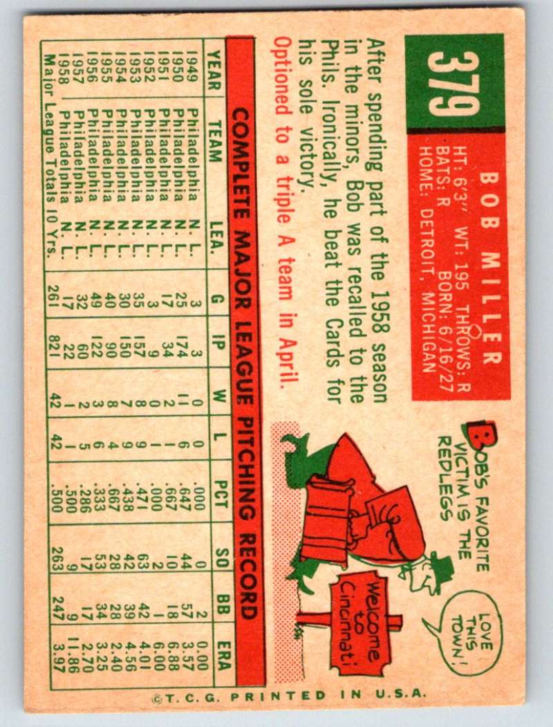 1959 Topps #379 Bob Miller Cardinals 3640 Image 2