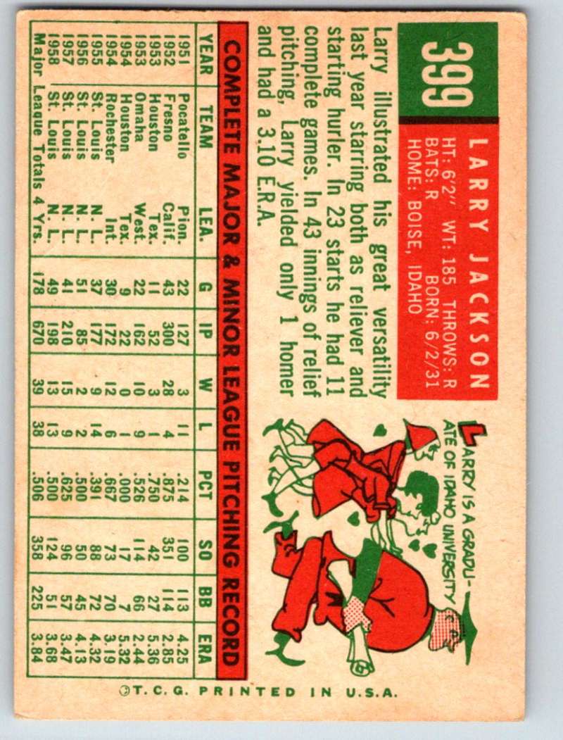 1959 Topps #399 Larry Jackson Cardinals 3644 Image 2