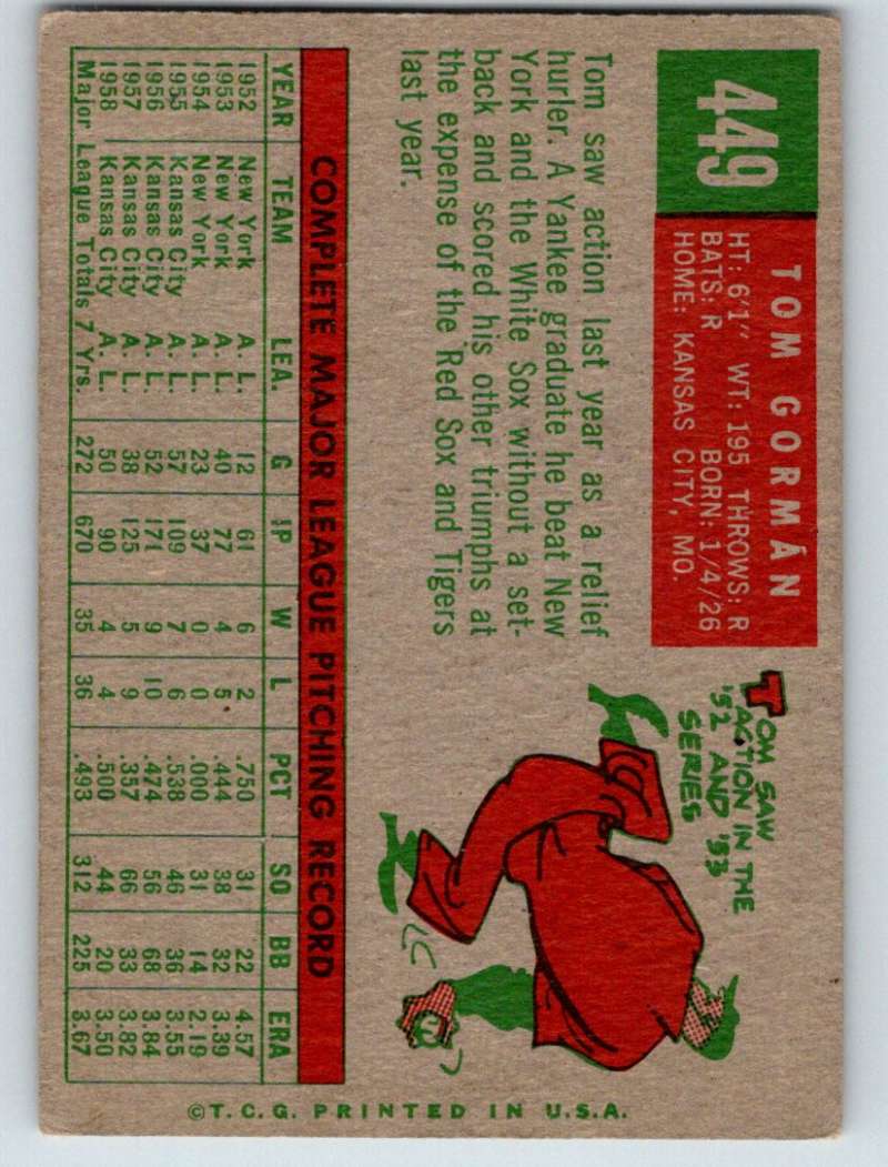 1959 Topps #449 Tom Gorman Athletics 3654 Image 2