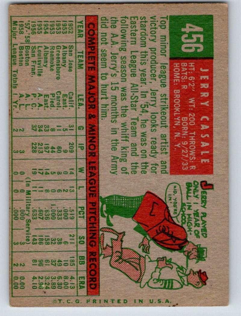 1959 Topps #456 Jerry Casale RC Rookie Red Sox 3656 Image 2