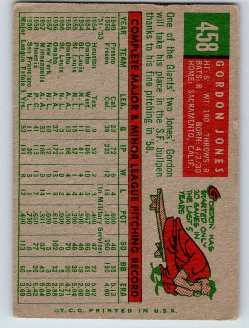 1959 Topps #458 Gordon Jones Giants 3657 Image 2