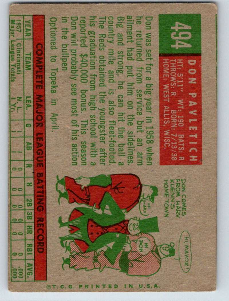 1959 Topps #494 Don Pavletich RC Rookie Reds 3665 Image 2