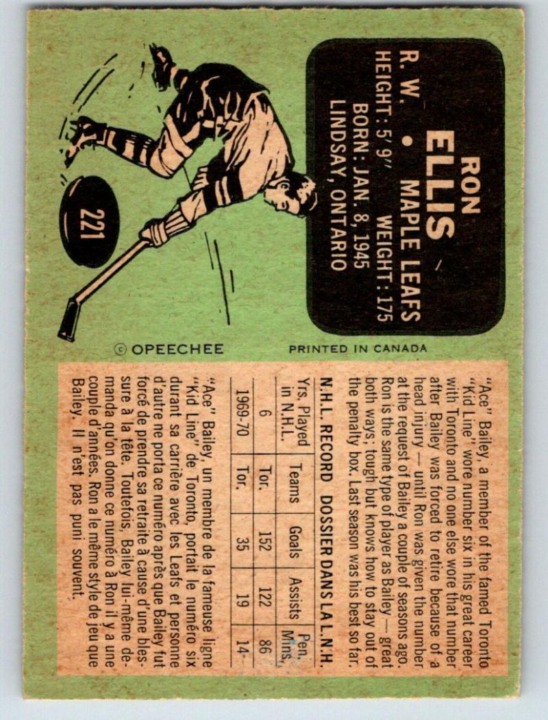 1970-71 O-Pee-Chee #221 Ron Ellis NM+ Hockey NHL Maple Leafs 03667
