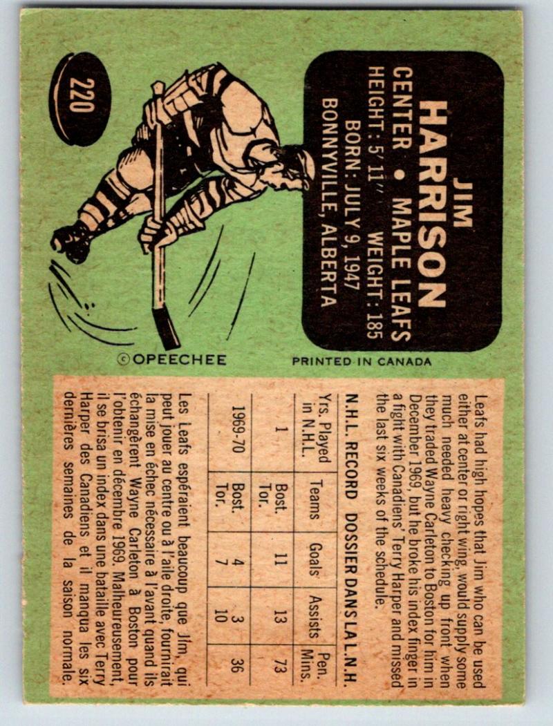 1970-71 O-Pee-Chee #220 Jim Harrison NM-MT Hockey NHL RC Rookie Maple Leafs 03668