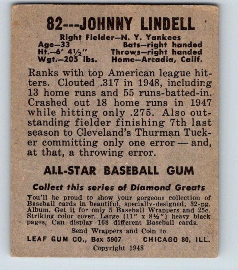 1948 Leaf #82 Johnny Lindell  Baseball MLB Baseball Vintage Yankees 03671 Image 2