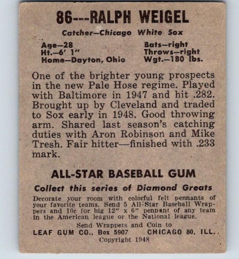 1948 Leaf #86 Ralph Weigel Baseball Vintage MLB RC Rookie White Sox 03672 Image 2