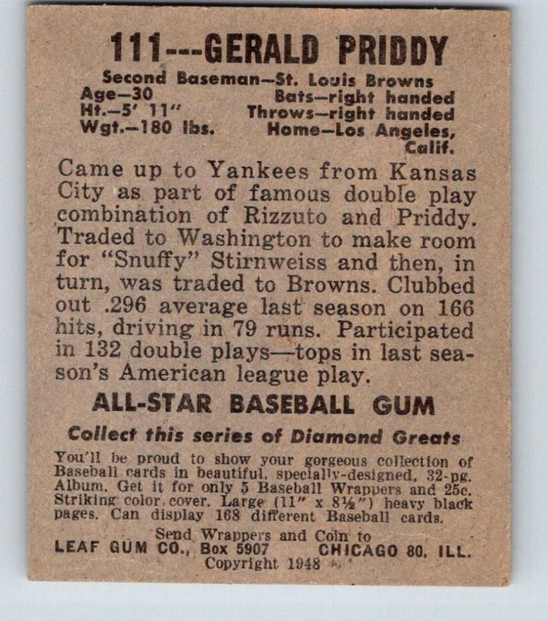 1948 Leaf #111 Jerry Priddy Baseball Vintage MLB RC Rookie Senators 03673