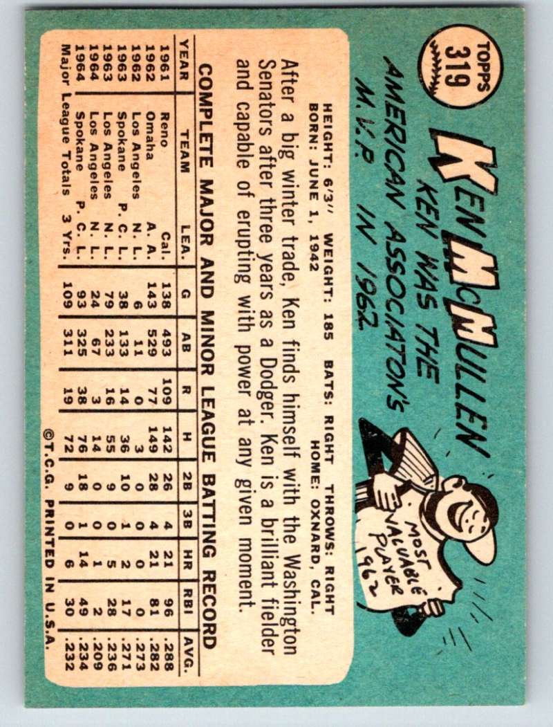 1965 Topps #319 Ken McMullen Senators Baseball NM 3697 Image 2