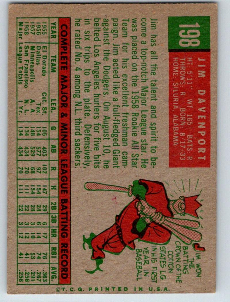 1959 Topps #198 Jim Davenport NM-MT Baseball Vintage MLB Giants 03712