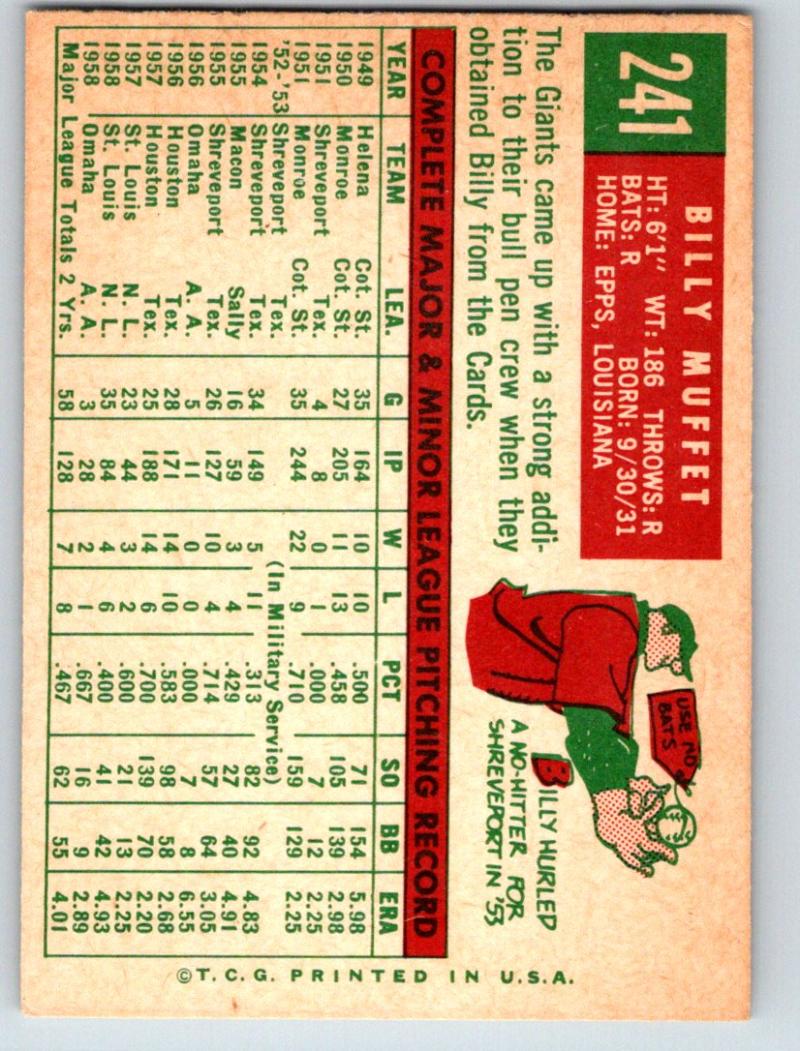 1959 Topps #241 Billy Muffett UER NM-MT Baseball Vintage MLB Giants 03715