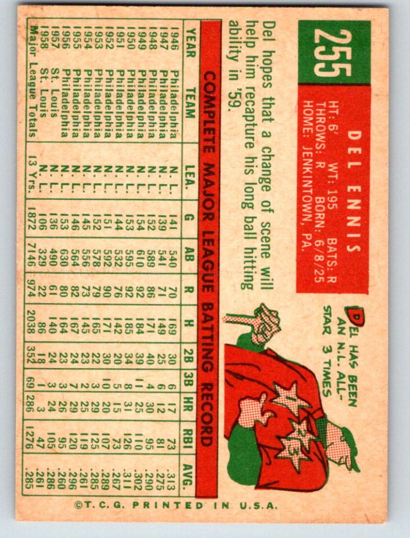 1959 Topps #255 Del Ennis NM-MT Baseball Vintage MLB Reds 03716