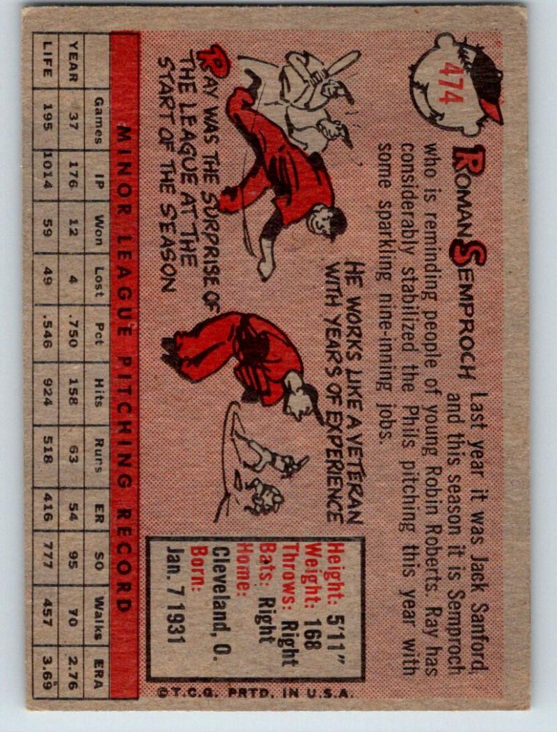 1958 Topps #474 Ray Semproch NM Near Mint Baseball Vintage MLB RC Rookie Phillies 03728