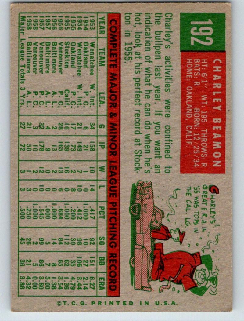 1959 Topps #192 Charley Beamon EX++ Excellent++ Baseball MLB RC Rookie Orioles 03729