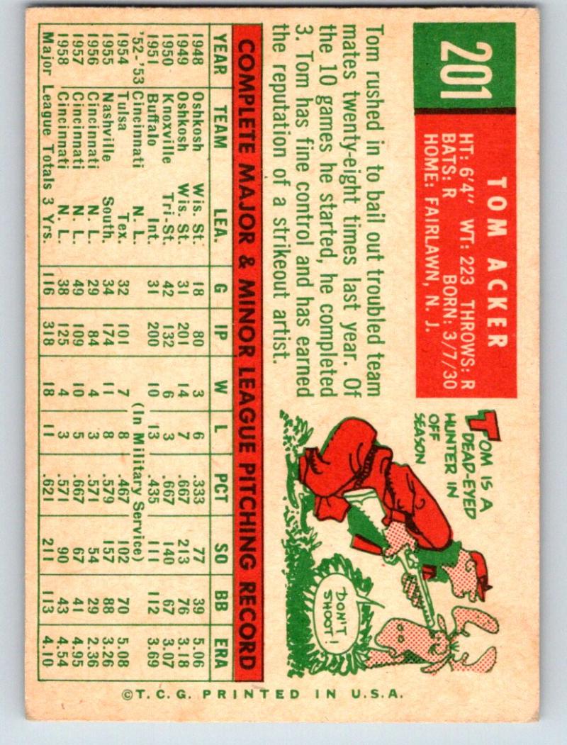 1959 Topps #201 Tom Acker NM Near Mint Baseball Vintage MLB Reds 03735