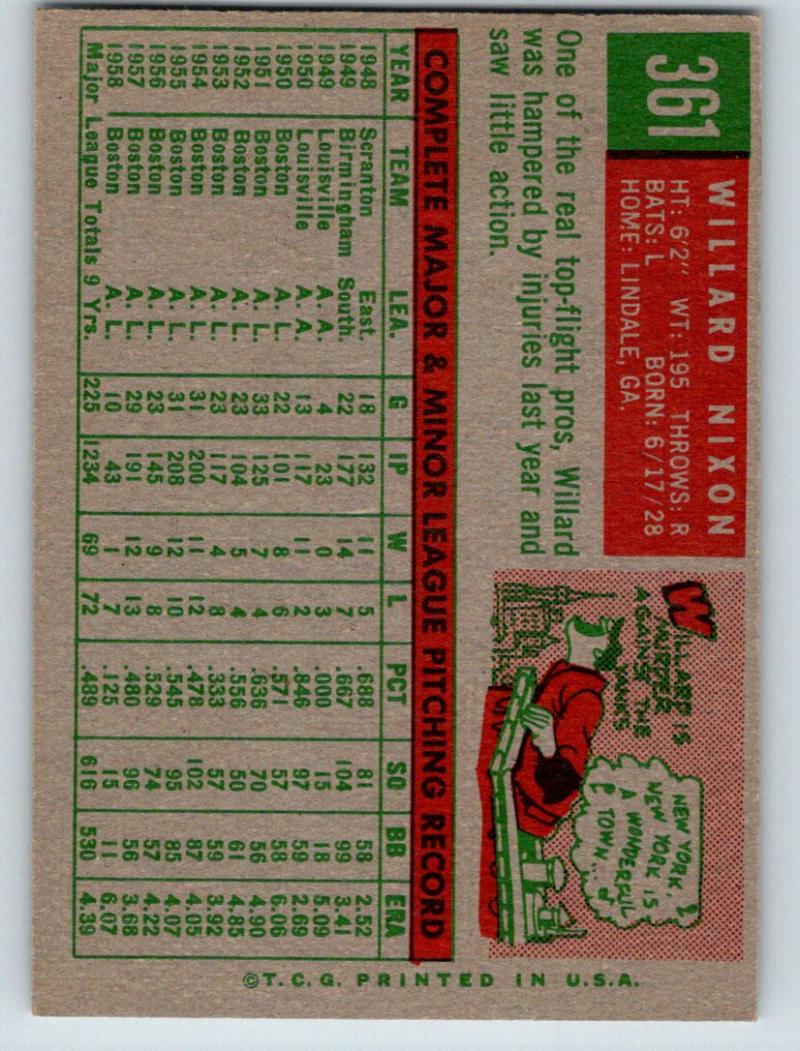 1959 Topps #361 Willard Nixon NM Near Mint Baseball Vintage MLB Red Sox 03740