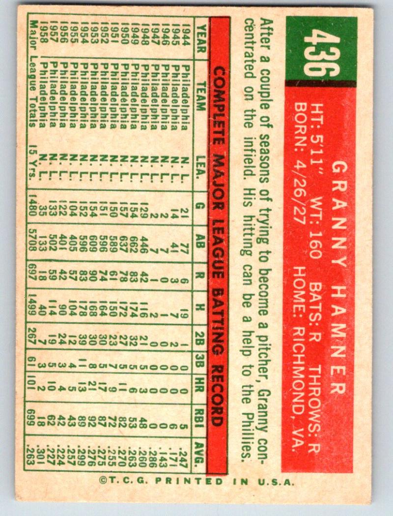 1959 Topps #436 Granny Hamner NM Near Mint Baseball Vintage MLB Phillies 03742