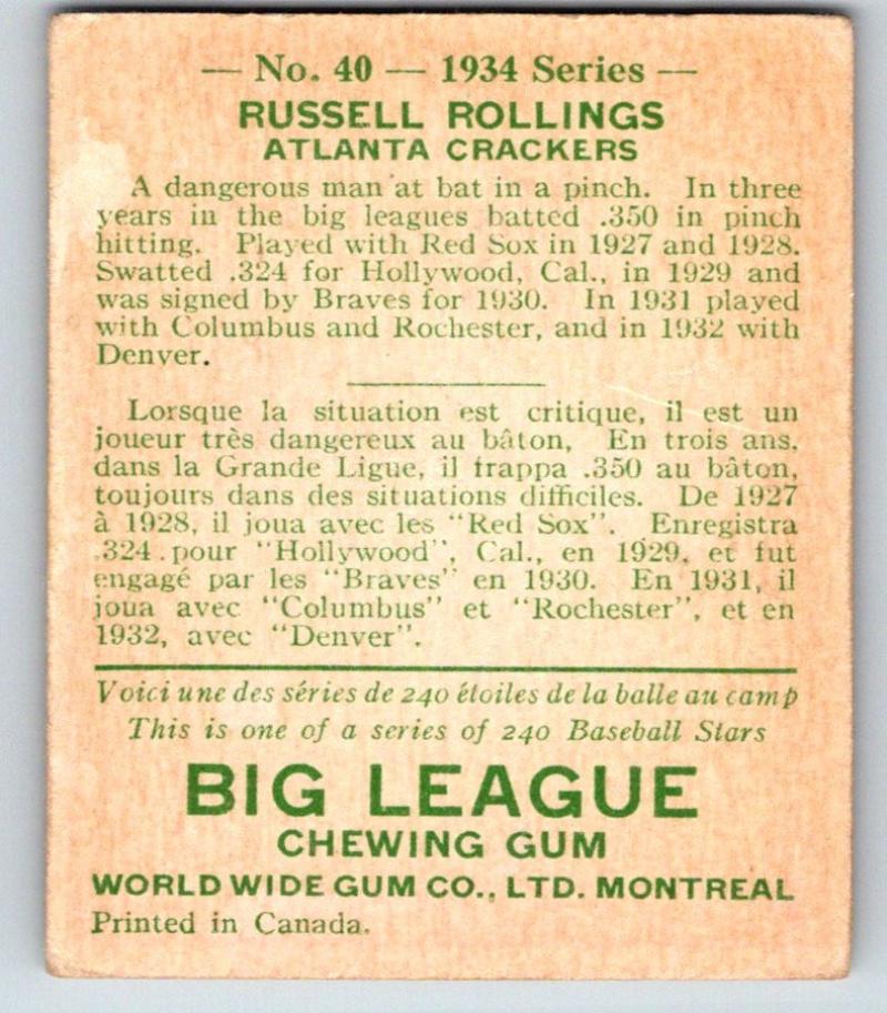 1934 Goudey V354 World Wide Gum #40 Russell Rollings Baseball MLB 03757