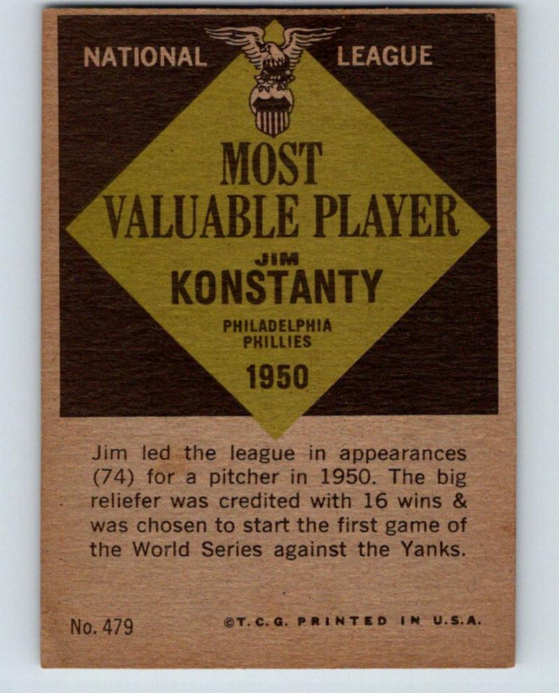 1961 Topps #479 Jim Konstanty NM Near Mint Baseball Vintage MLB Phillies 03765 Image 2