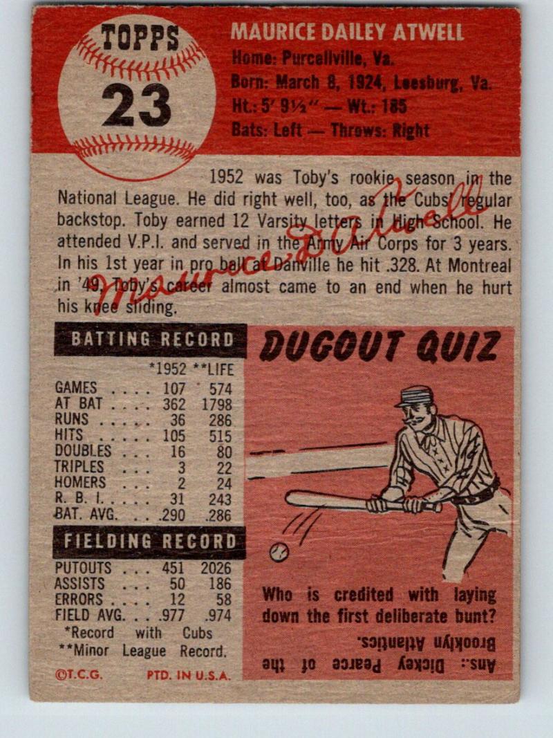 1953 Topps #23 Toby Atwell DP Vintage Baseball MLB Cubs 03770 Image 2