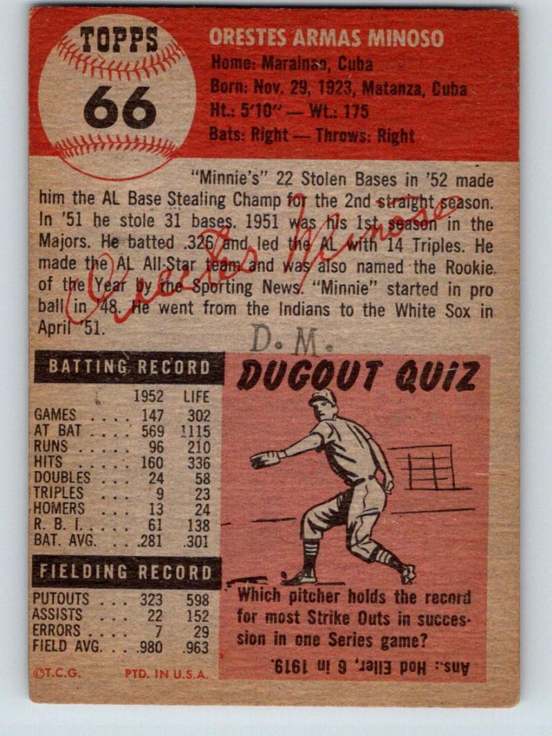 1953 Topps #66 Minnie Minoso UER Vintage Baseball MLB White Sox 03773