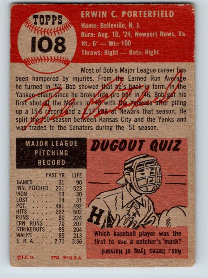 1953 Topps #108 Bob Porterfield DP Vintage Baseball MLB Senators 03776 Image 2