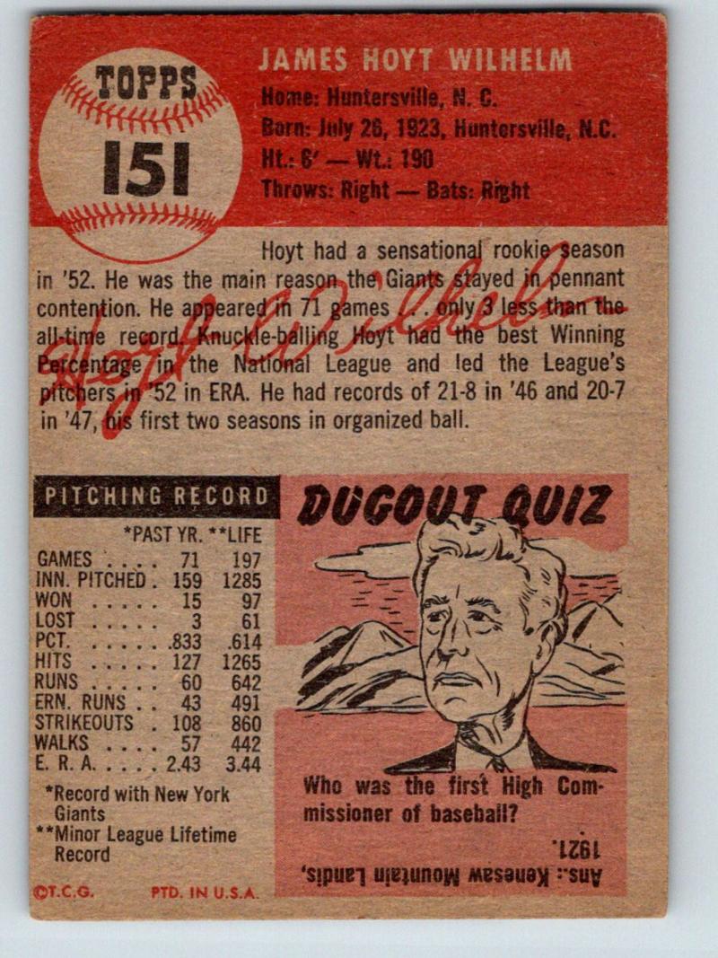 1953 Topps #151 Hoyt Wilhelm UER  Vintage Baseball MLB NY Giants 03777 Image 2