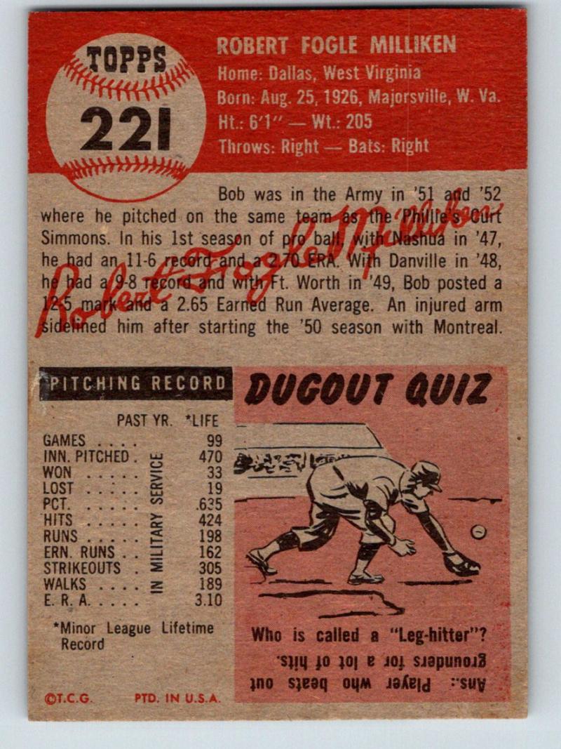 1953 Topps #221 Bob Milliken Vintage Baseball MLB RC Rookie Dodgers 03778 Image 2