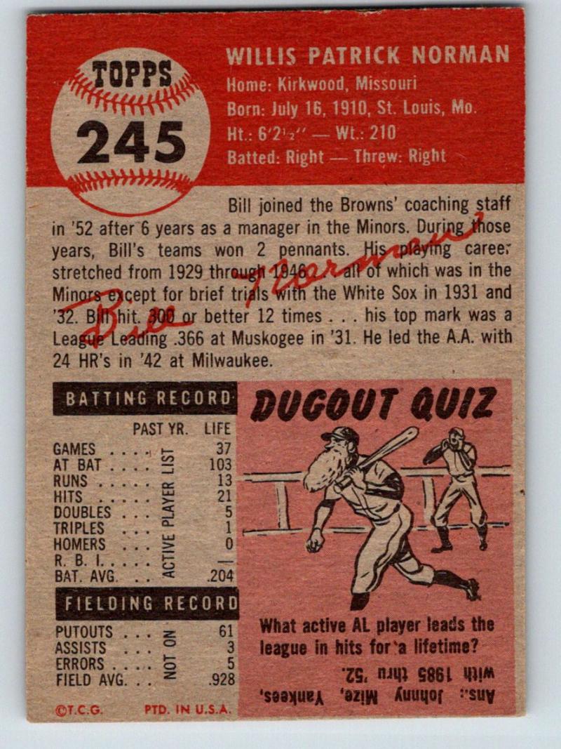 1953 Topps #245 Bill Norman Coach Vintage Baseball MLB 03780 Image 2