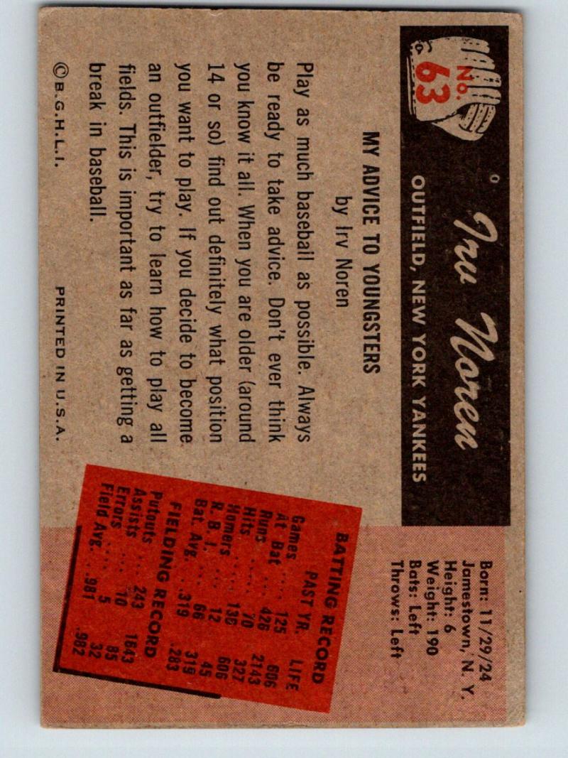 1955 Bowman #63 Irv Noren Vintage Baseball MLB Yankees 03785