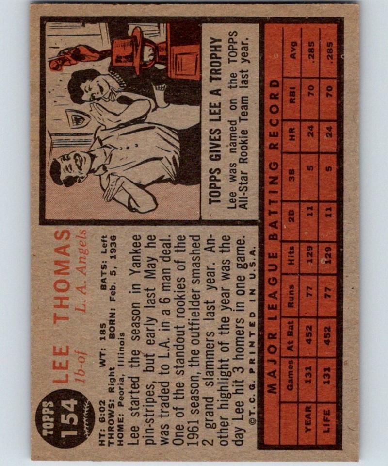 1962 Topps #154 Lee Thomas Vintage Baseball MLB Angels 03788 Image 2