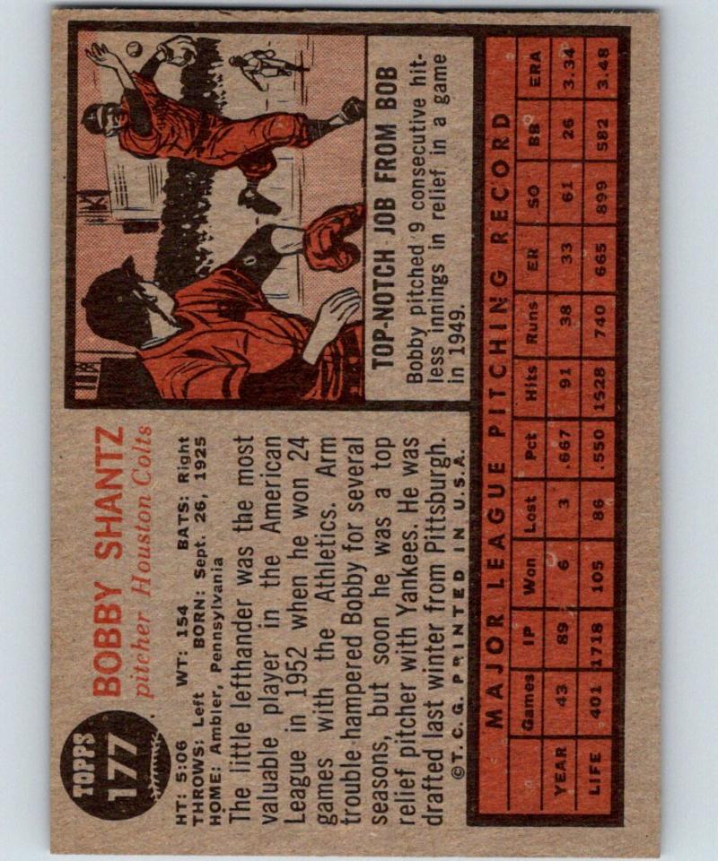 1962 Topps #177 Bobby Shantz Vintage Baseball MLB 03791 Image 2