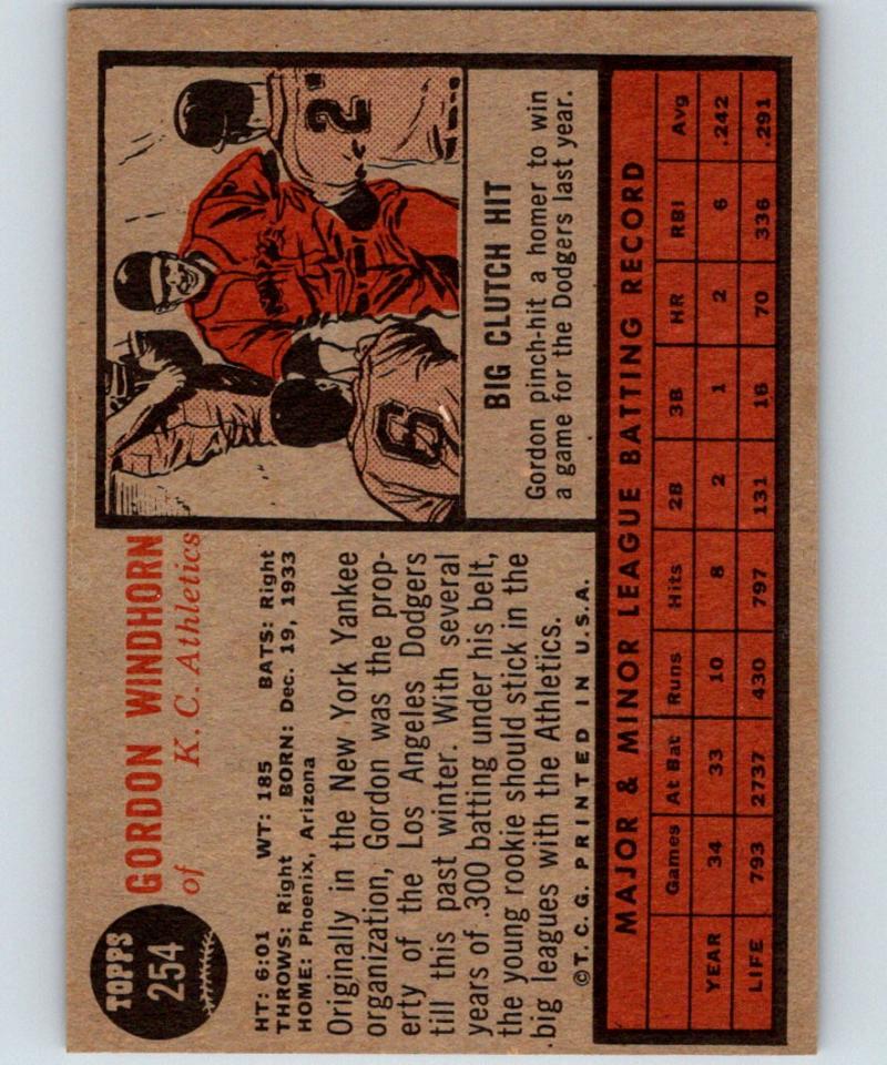 1962 Topps #254 Gordon Windhorn Vintage Baseball MLB RC Rookie Athletics 03794 Image 2