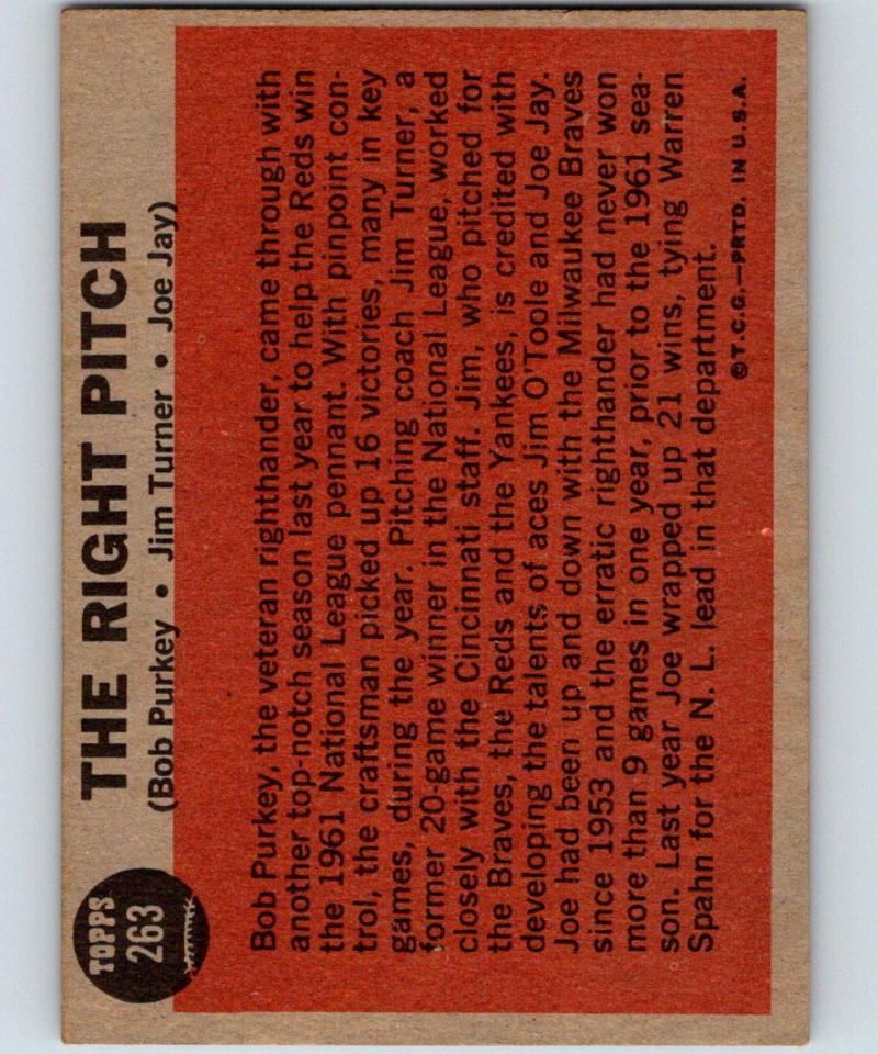 1962 Topps #263 Purkey/ Turner/Jay The Right Pitch Baseball MLB Reds 03796