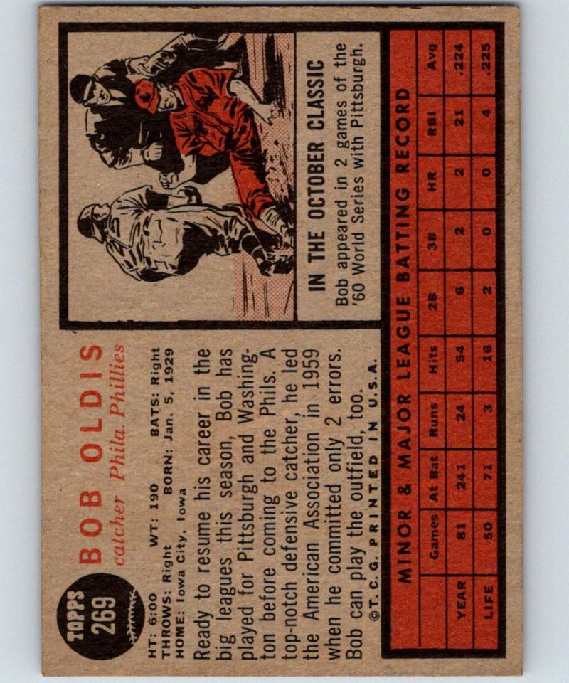 1962 Topps #269 Bob Oldis Vintage Baseball MLB Phillies 03800 Image 2