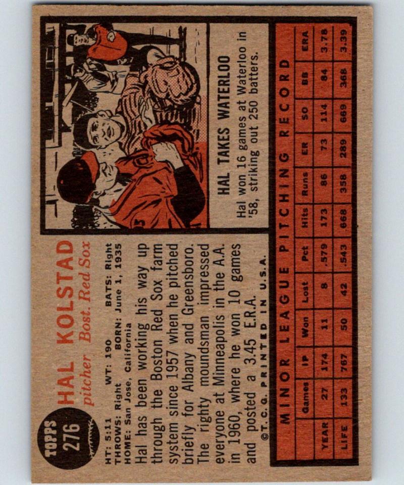 1962 Topps #276 Hal Kolstad Vintage Baseball MLB RC Rookie Red Sox 03801 Image 2