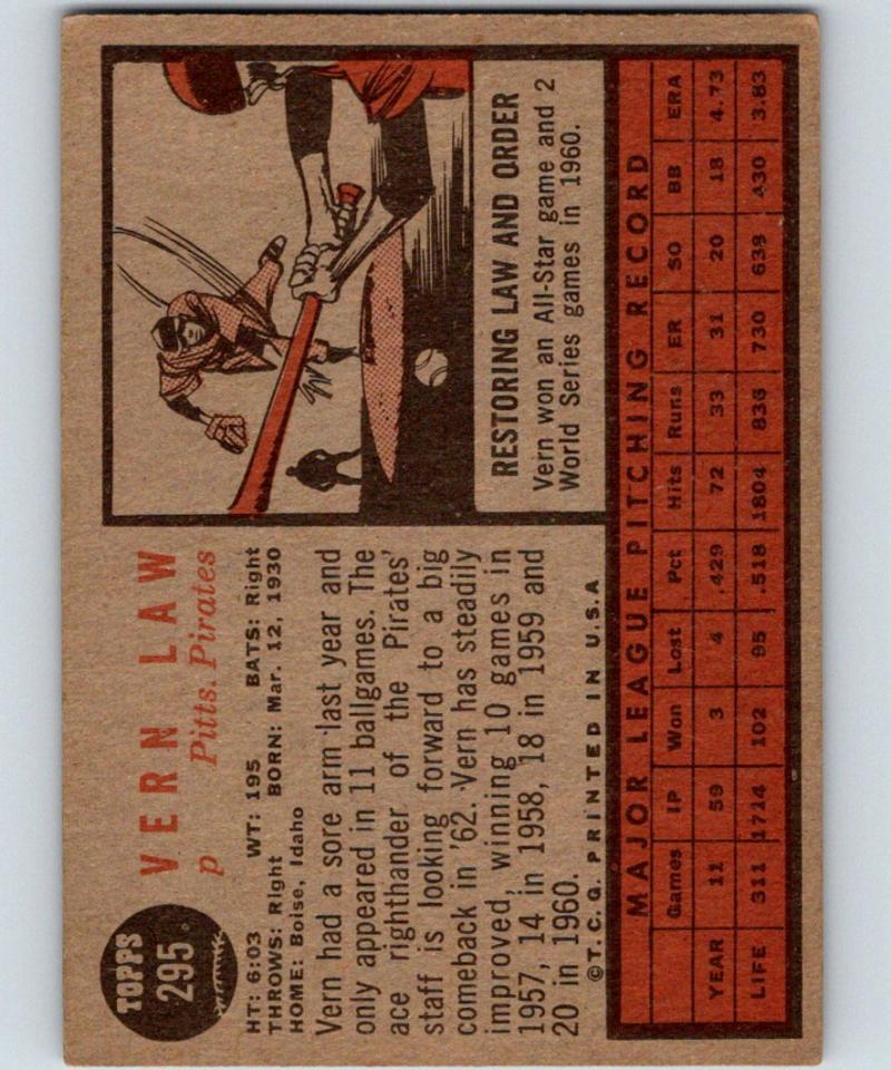 1962 Topps #295 Vern Law Vintage Baseball MLB Pirates 03802 Image 2