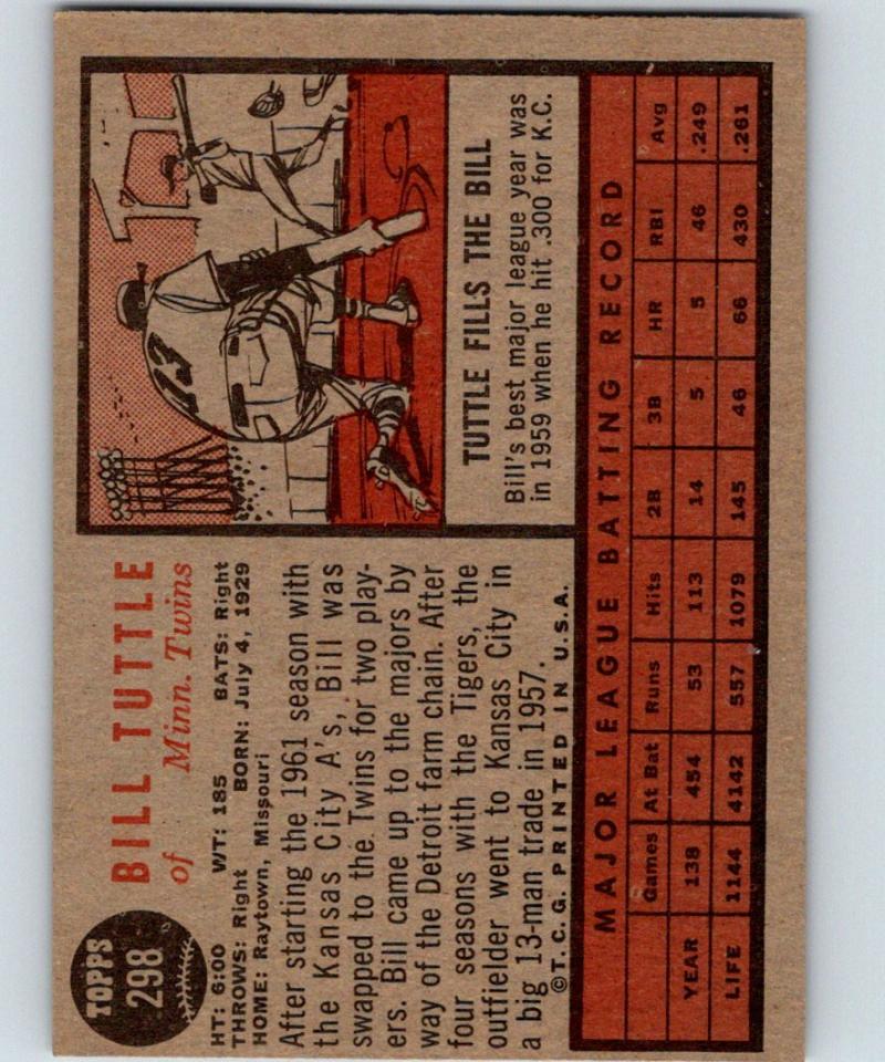 1962 Topps #298 Bill Tuttle Vintage Baseball MLB Twins 03803