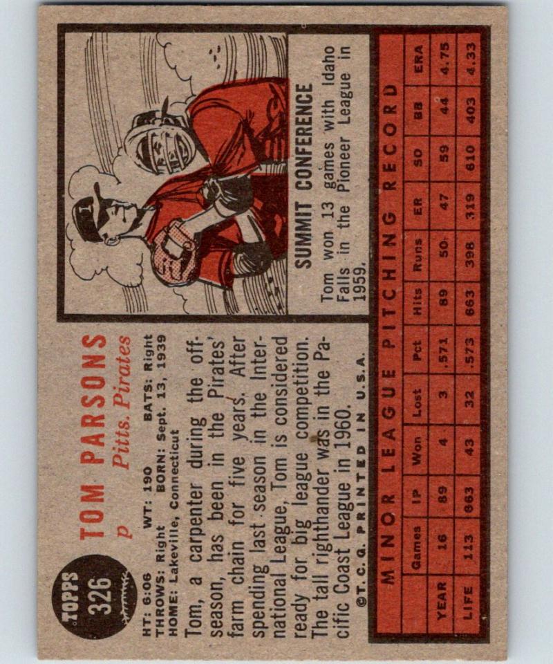 1962 Topps #326 Tom Parsons Vintage Baseball MLB RC Rookie Pirates 03804 Image 2