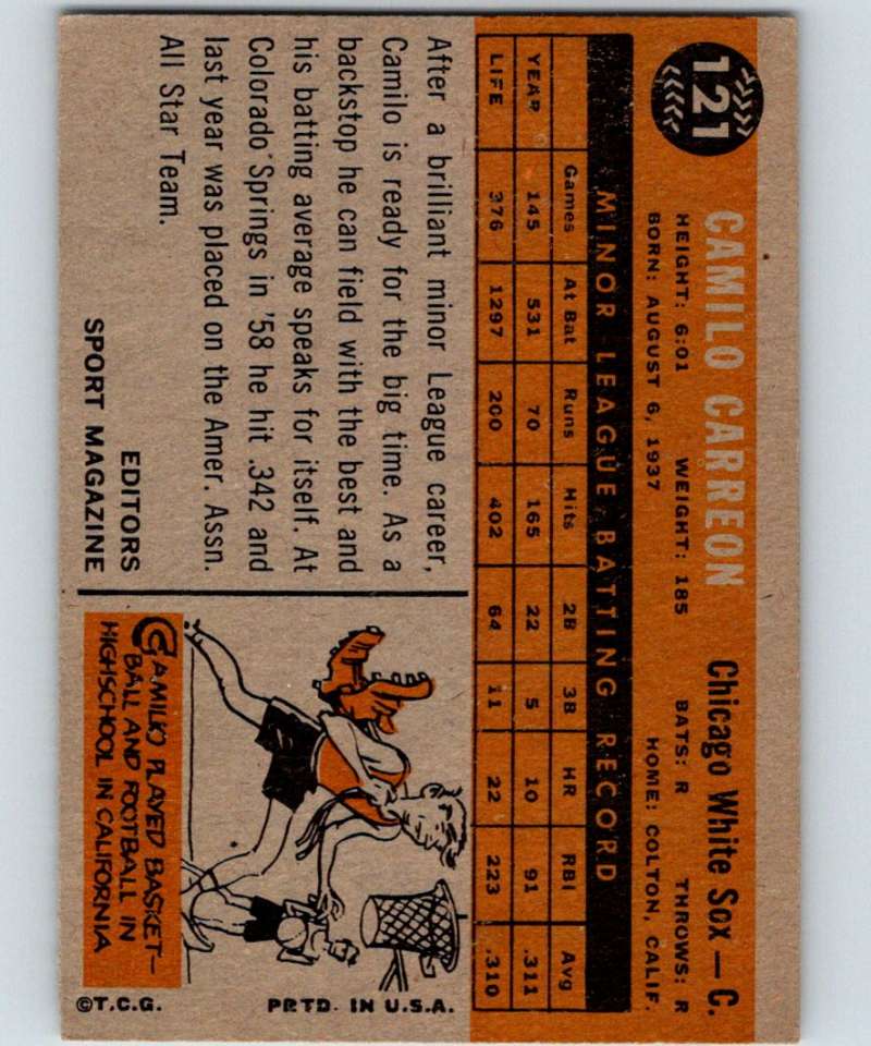 1960 Topps #121 Camilo Carreon RC Rookie White Sox RS MLB Baseball 3833 Image 2