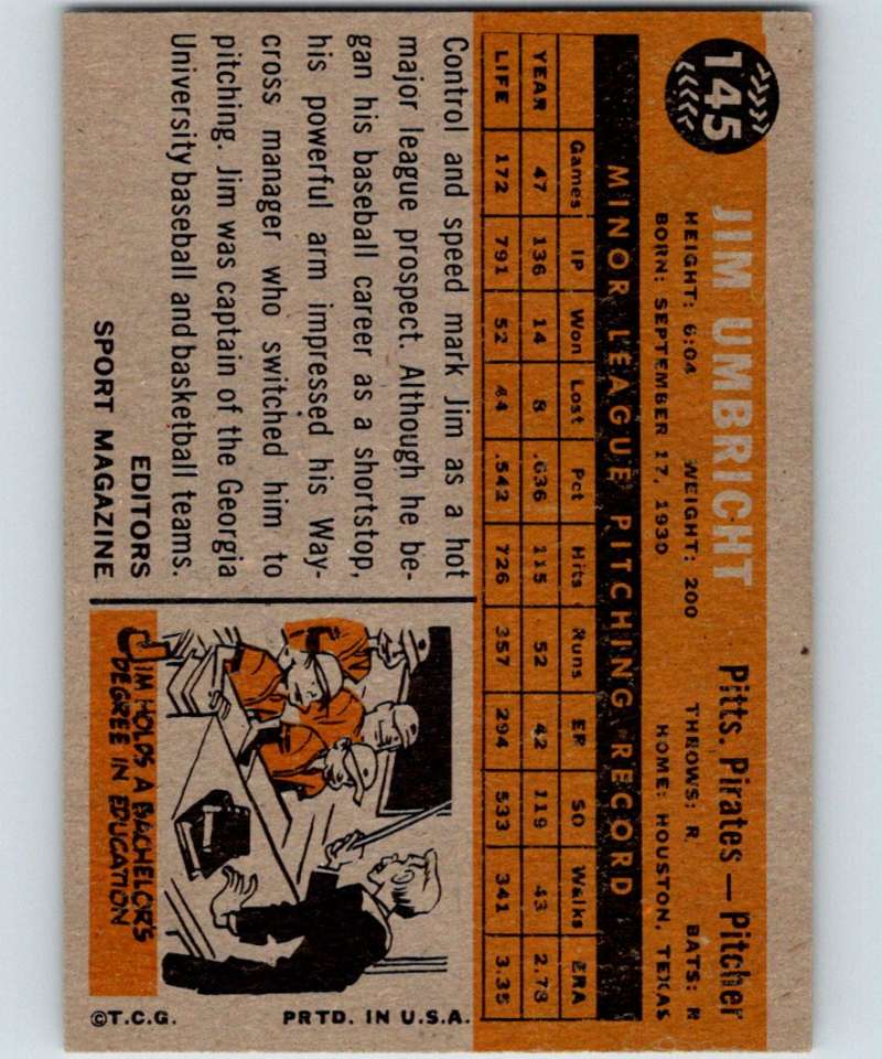 1960 Topps #145 Jim Umbricht RC Rookie Pirates RS MLB Baseball 3840 Image 2