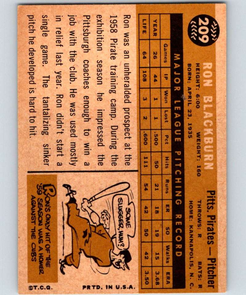 1960 Topps #209 Ron Blackburn Pirates MLB Baseball 3855 Image 2